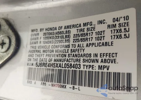 2010 Honda Cr-V Ex from USA, damaged, VIN 5J6RE4H5XAL058403